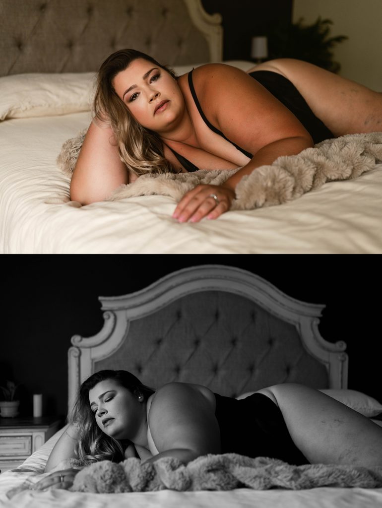 curvy woman in black lingerie lying across a bed, two images stacked on top of each other. One is black and white, the other is in color.