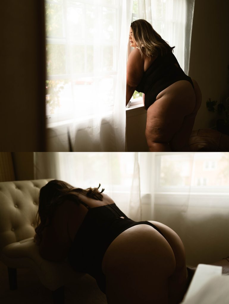 two images stacked together of a curvy woman in black lingerie near a window.