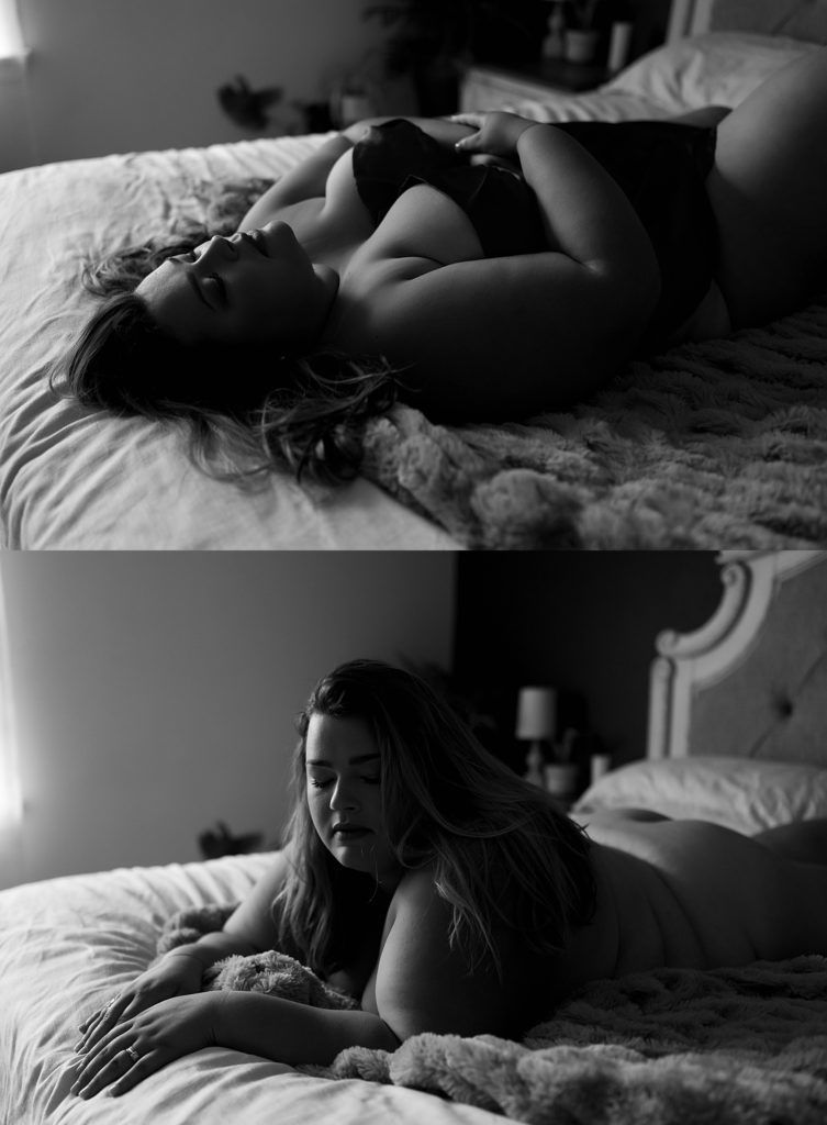 two black and white images of a beautiful curvy woman on a bed at her boudoir session with Virginia Boudoir Photographer, Tease by Hannah Louise.