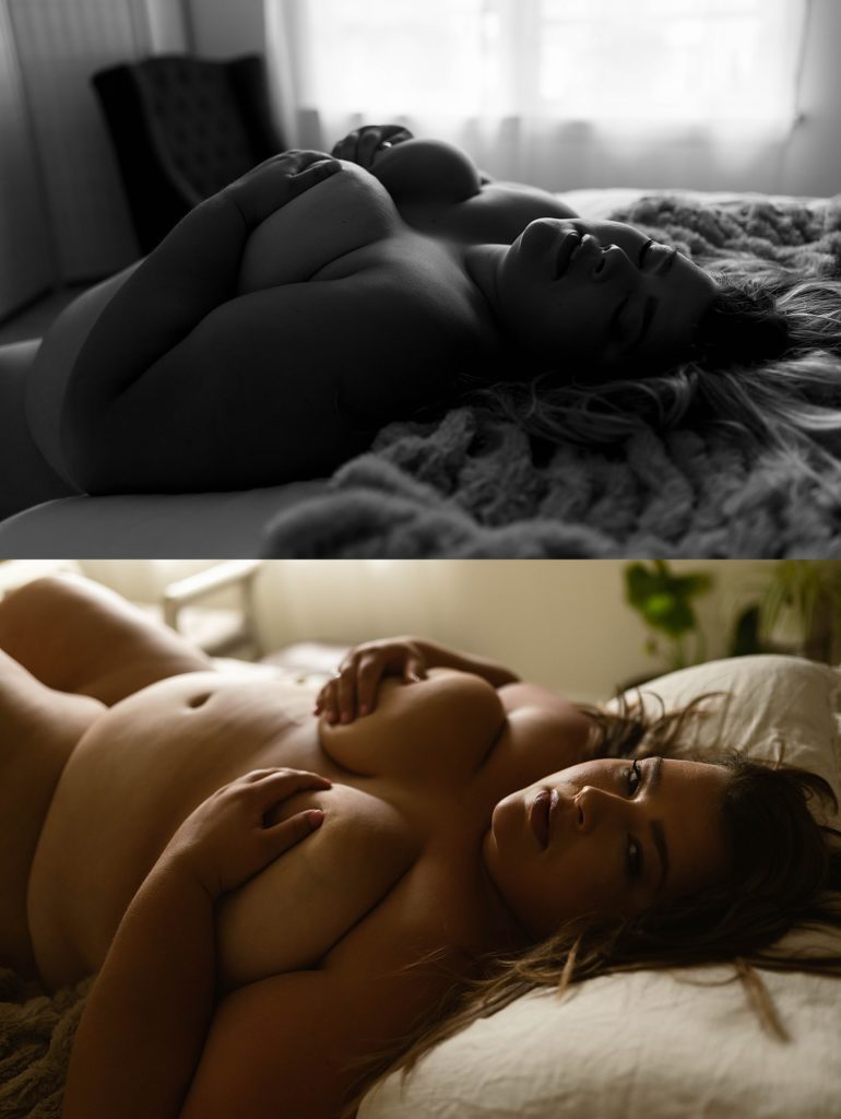 woman leaning her head on the edge of a bed, naked but holding her breasts in her hands. 