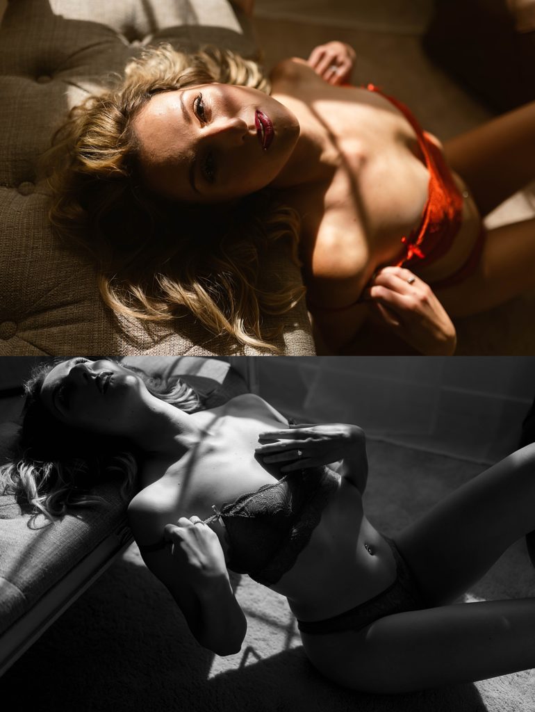 two stacked images of a woman in red lingerie sitting on the floor leaning her head back against a chair.