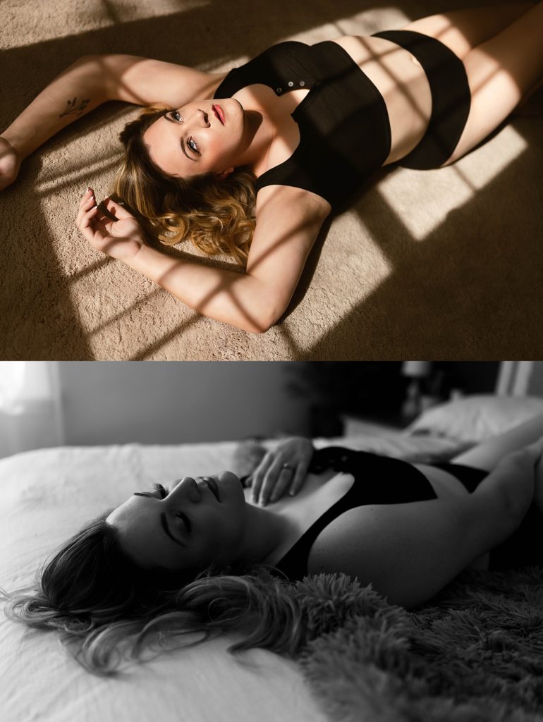 Stacked images of woman at her boudoir session in black two piece lingerie set.