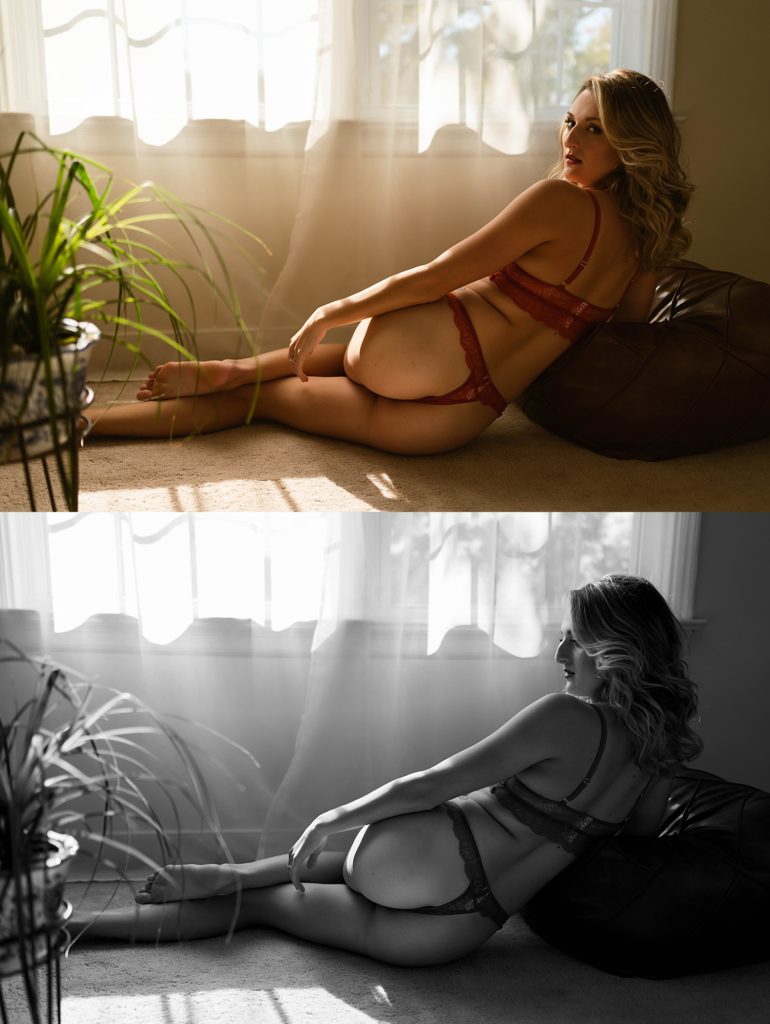 two stacked images of blond woman in red lingerie lounging on the floor at her sexy photo shoot with Virginia Boudoir Photographer.