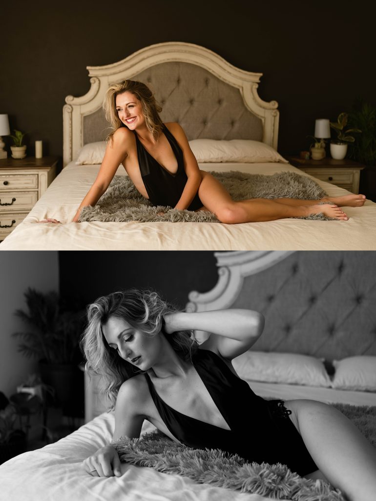 two stacked photos of a woman in a black lingerie bodysuit, lying across a bed.