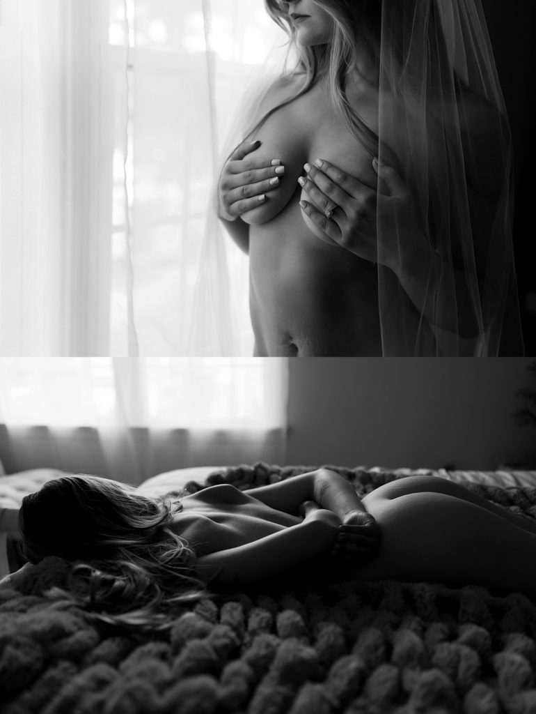 two black and white images of a nude woman covering herself and lying across a bed for her boudoir photo shoot.