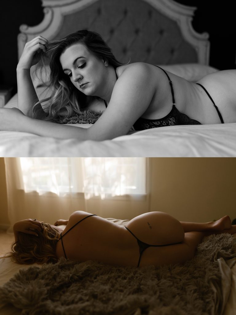 Two stacked detail images of a woman in lingerie at her boudoir session.