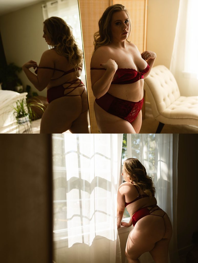 Woman in red lingerie in sensual poses at her boudoir session with Virginia boudoir photographer. 