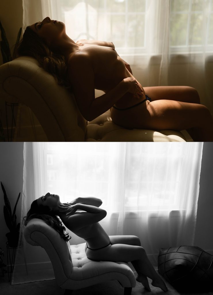 Two image collage of a nude woman sitting sensually in a chair.