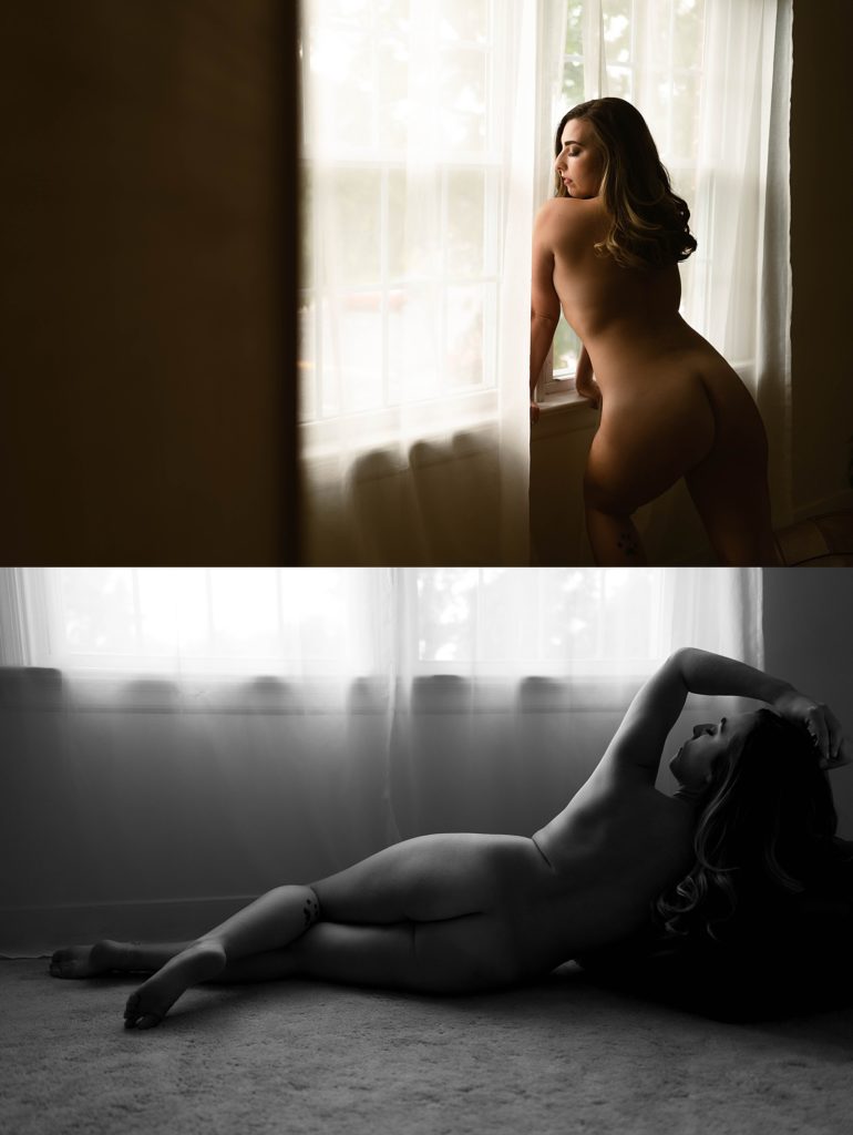 Two image collage of a nude woman in front of a window at a Virginia boudoir studio. 