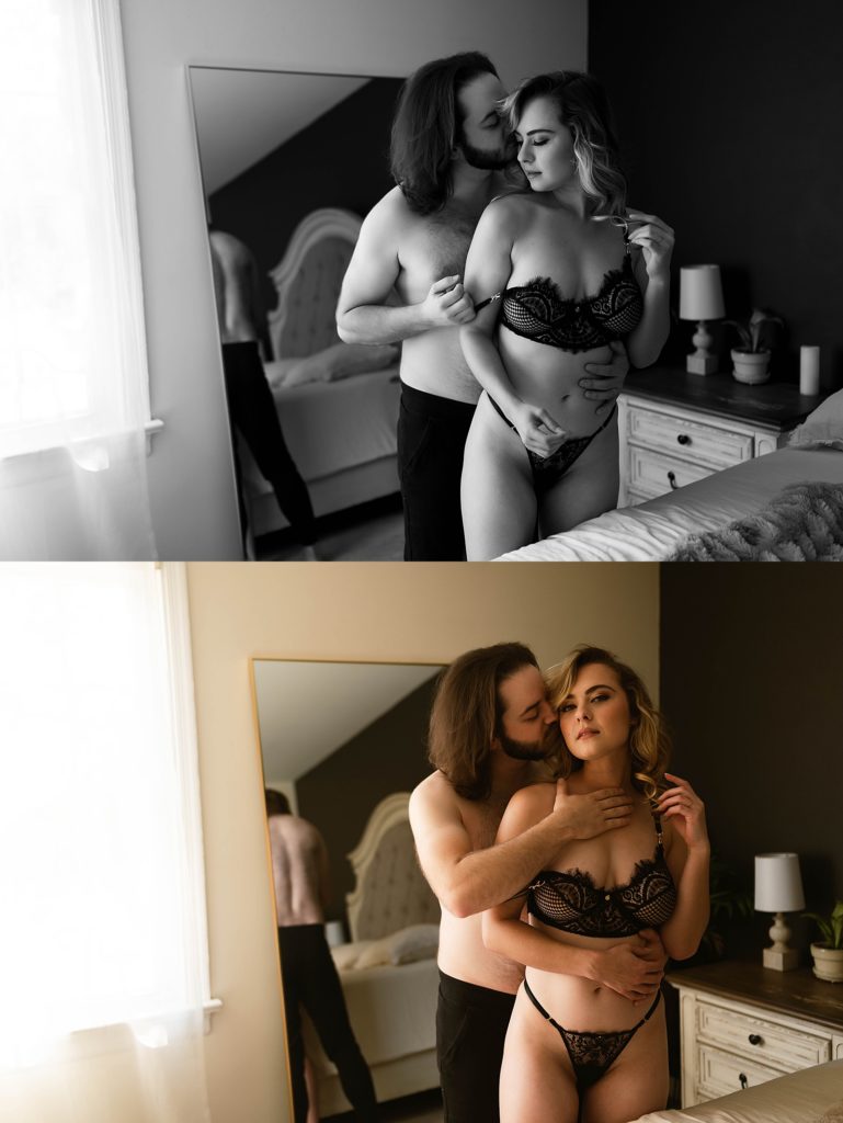 Two image collage of a woman in lingerie wrapped up by her husband next to a bed in this couples boudoir session. 