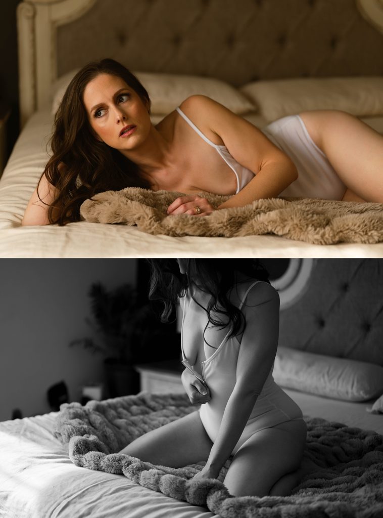 Two image collage of a woman in lingerie lying across a bed for her transformational boudoir session. 