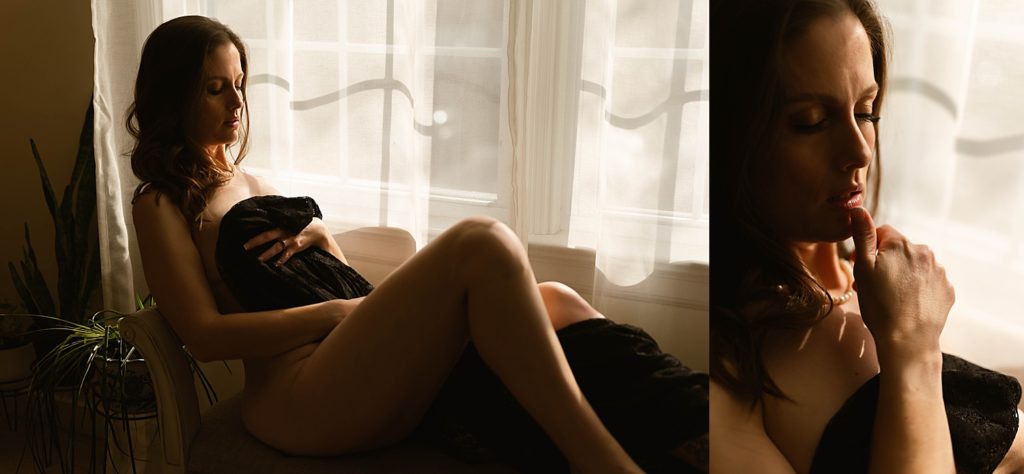 Two image collage of a nude woman covering herself with a sheet, sitting next to a window. 