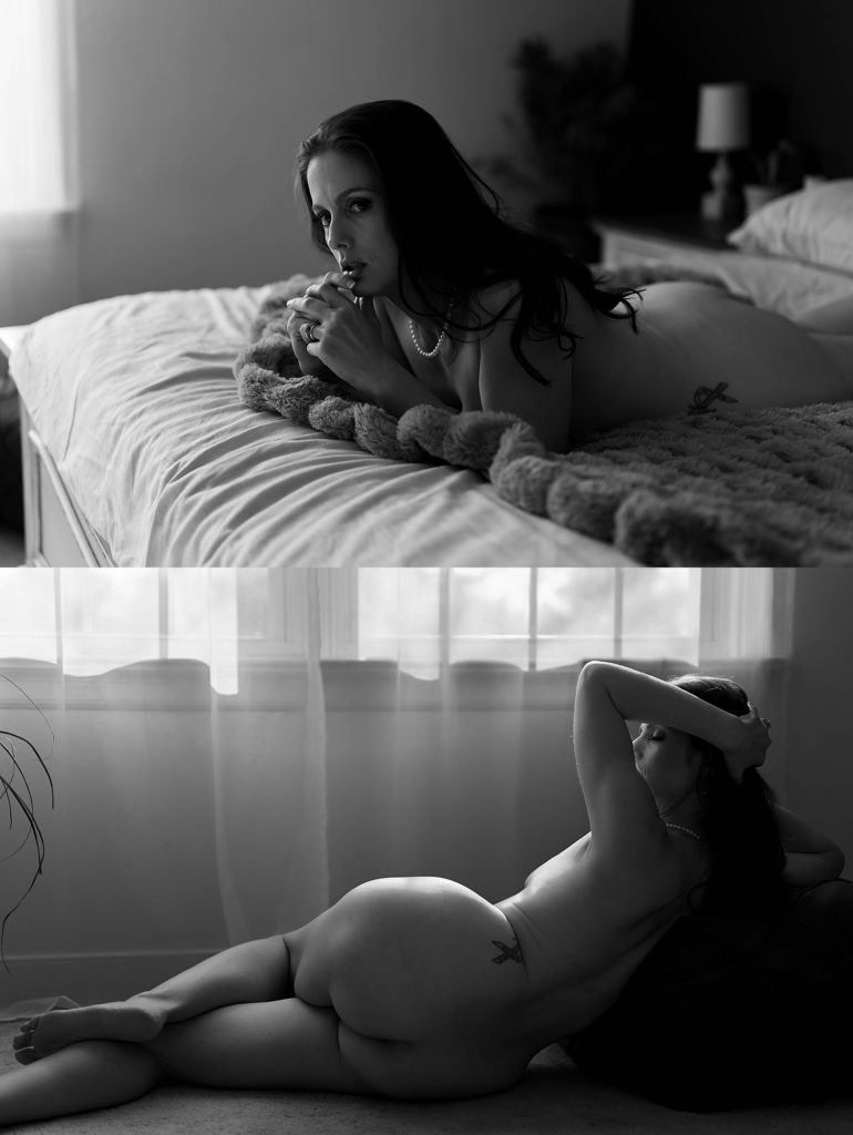 Two image collage of a nude woman in sensual poses at her transformational boudoir session. 