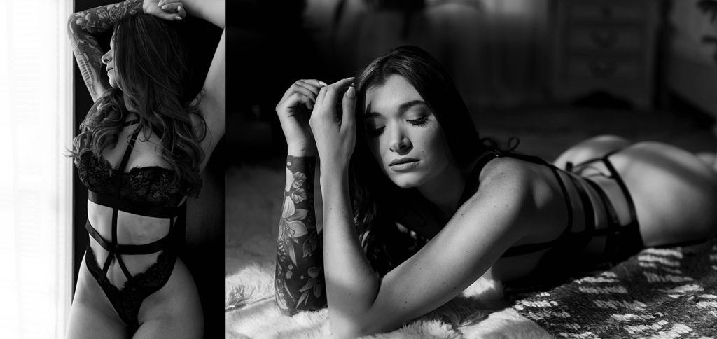 Woman in lingerie lying on the floor of a studio for her boudoir photo shoot. 