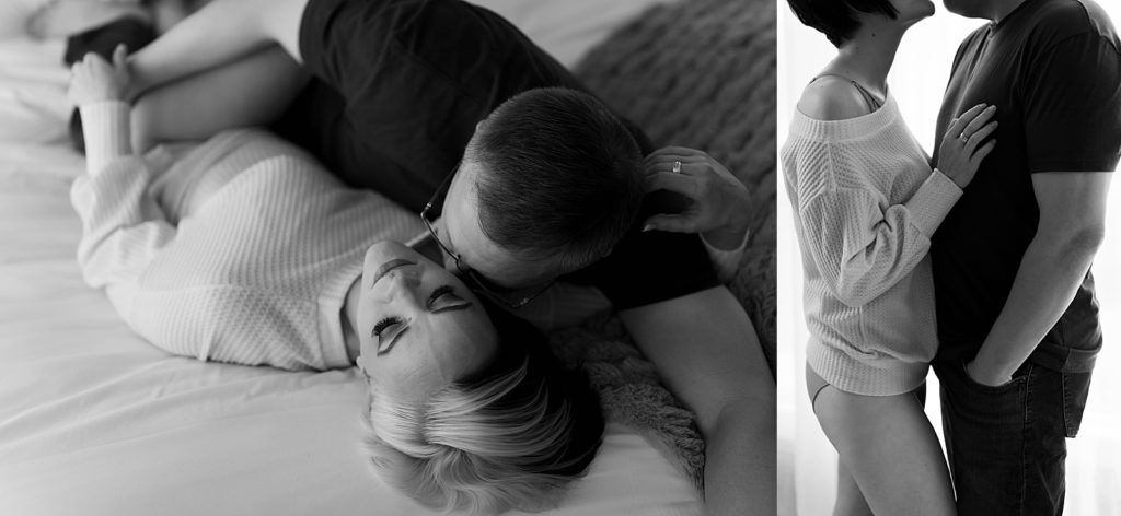 Woman in sweater and underwear, embracing her husband at their intimate session at Richmond boudoir studio. 