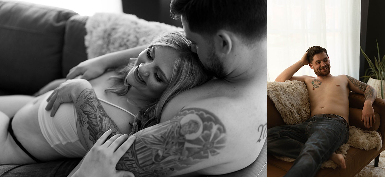 Woman and man lounging on a couch for a sensual couples boudoir in Virginia