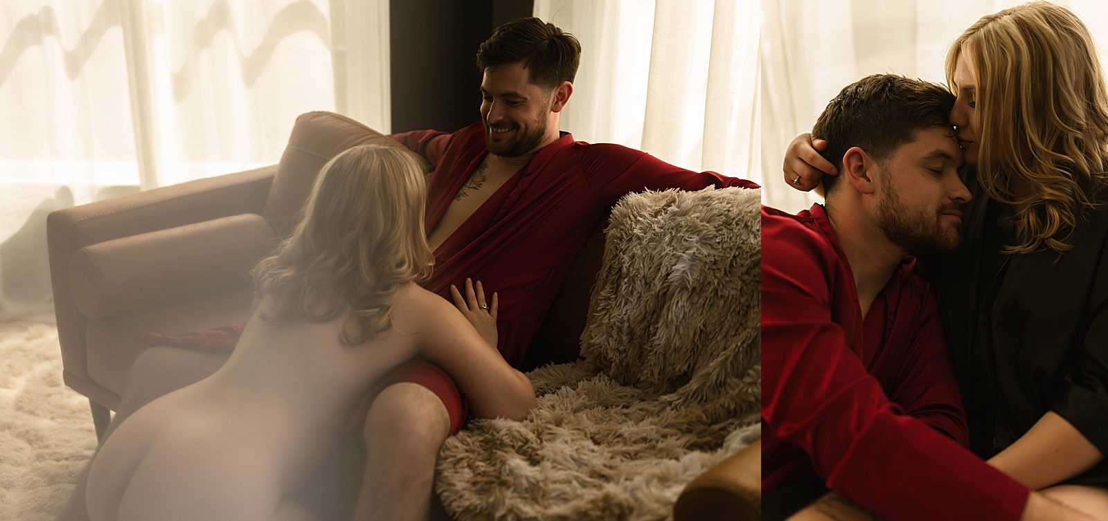 Couple snuggling on a couch in a photo studio in Richmond, Virginia 