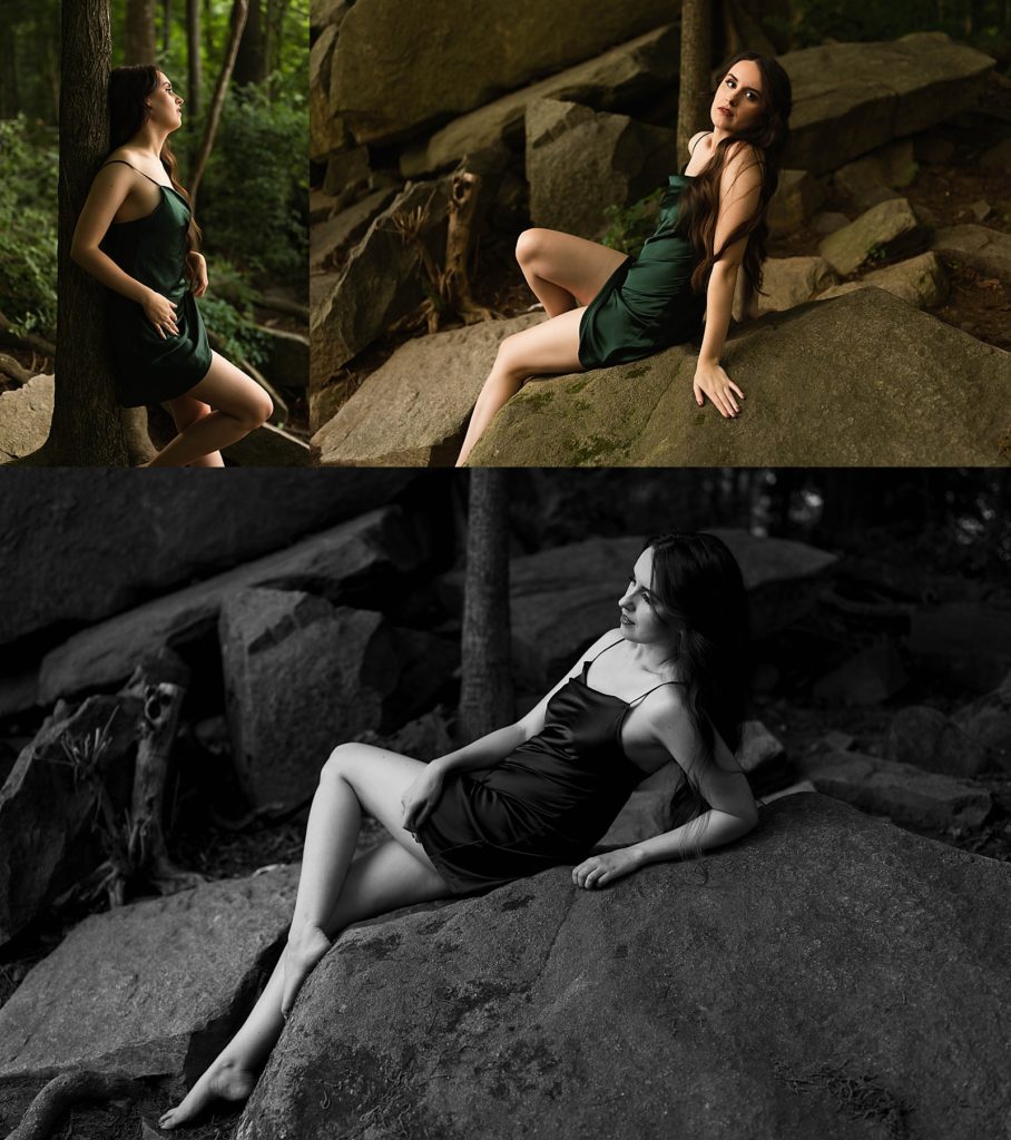 Woman in green slip sitting on rock for her outdoor intimate portrait session in Virginia