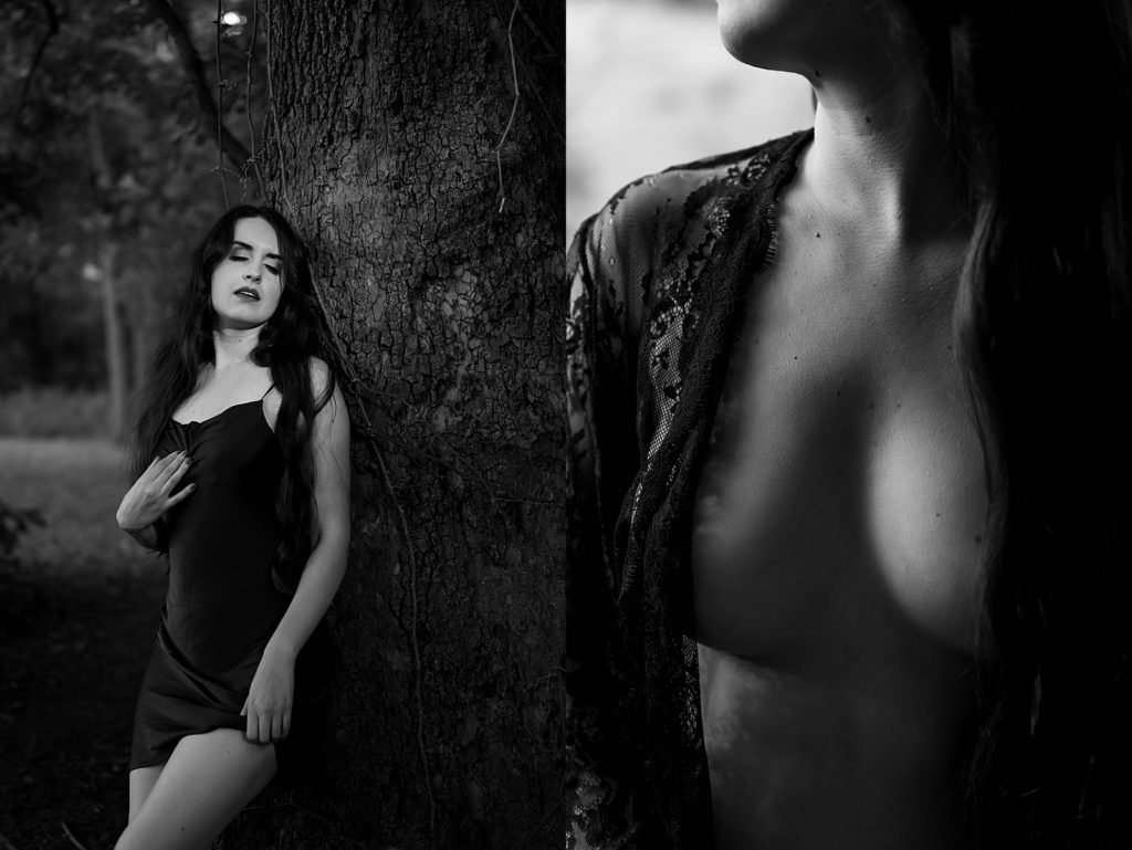 Woman in lingerie leaning against a tree for outdoor intimate portrait session in Virginia