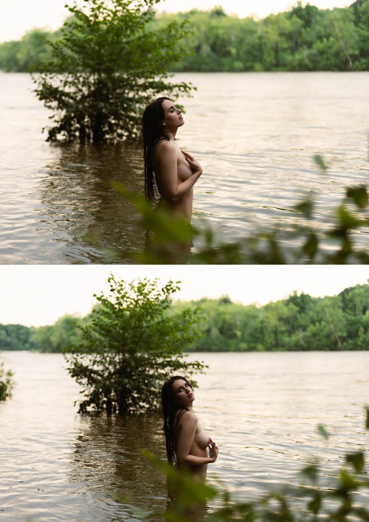 Nude brunette standing in a lake for outdoor intimate portrait session in Virginia