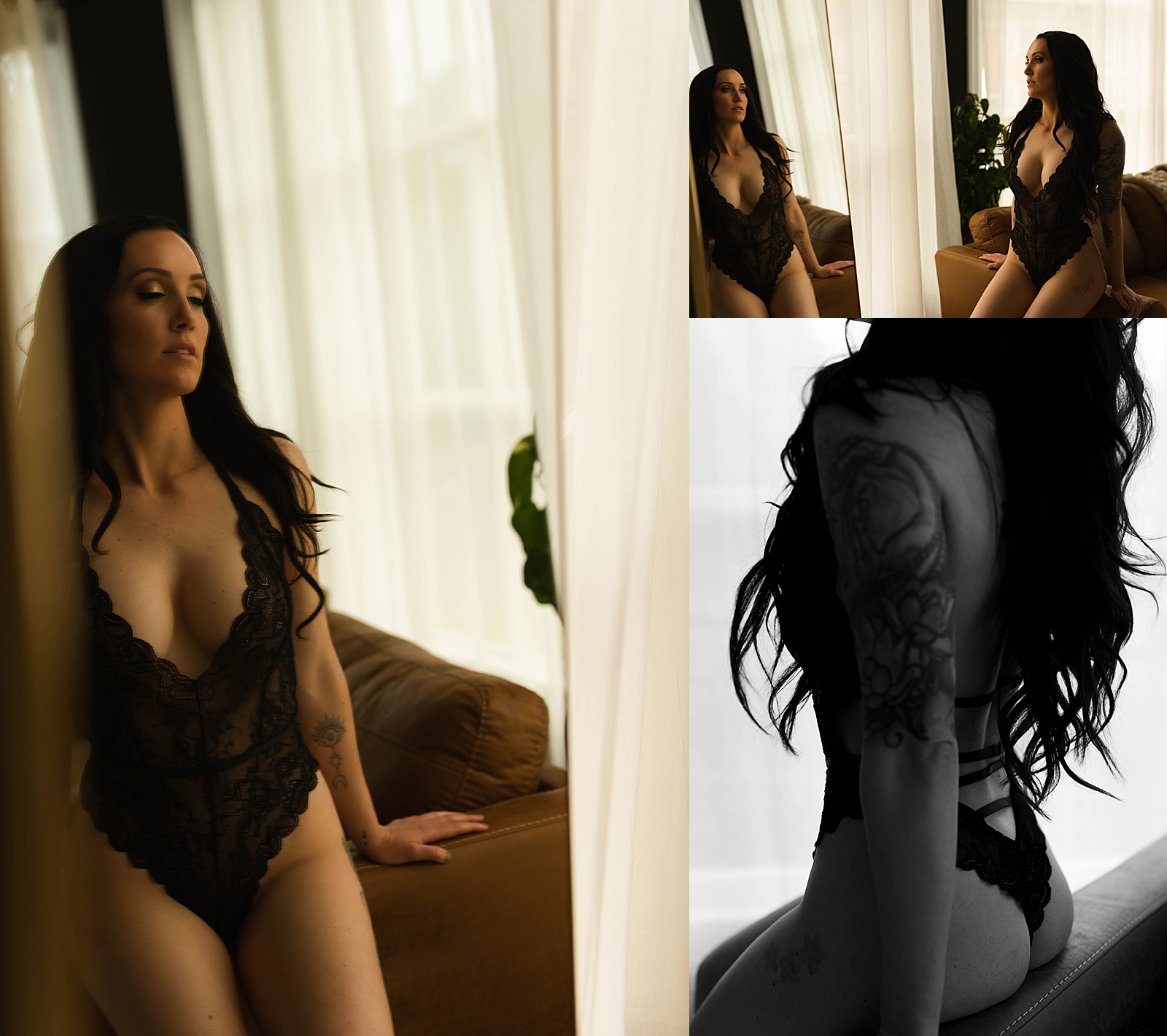 Woman in black lace bodysuit at boudoir session 