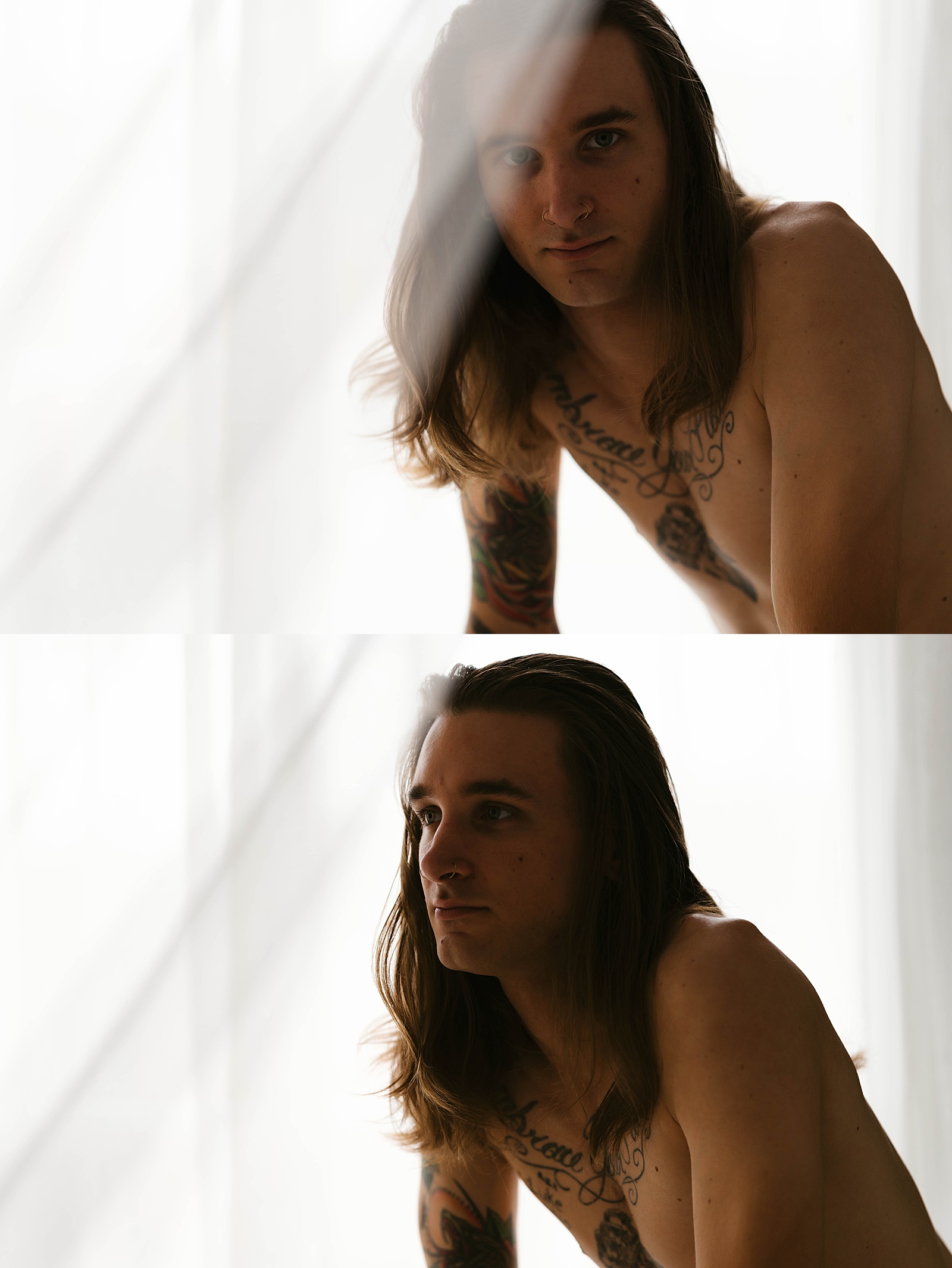 Man with tattoos in front of a window at his masculine session at boudoir studio 