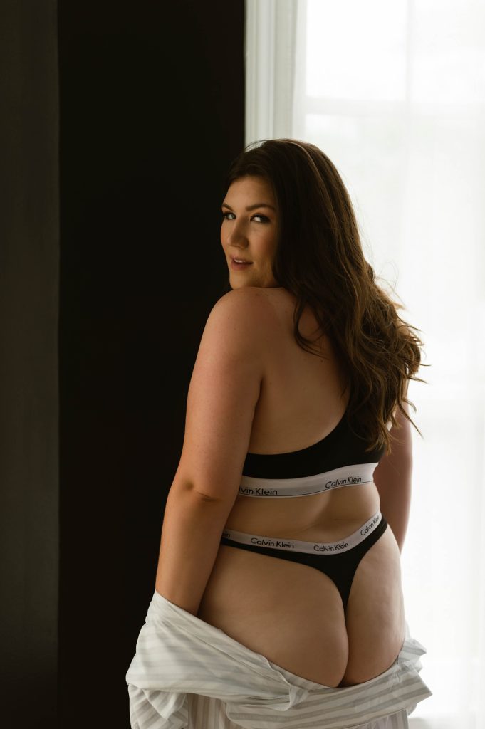 Brunette in two piece lingerie by Richmond Boudoir Photographer Tease by Hannah Louise