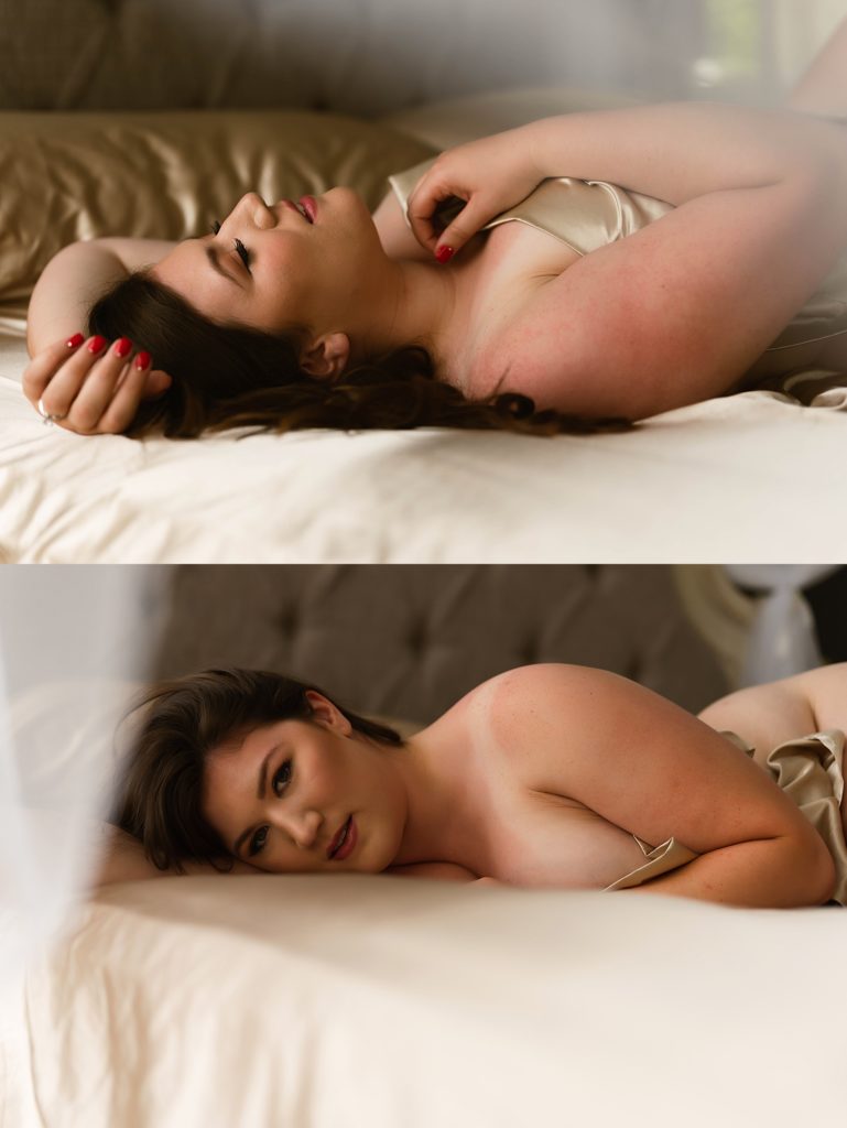 Nude woman lying across a bed for empowering session at Virginia studio