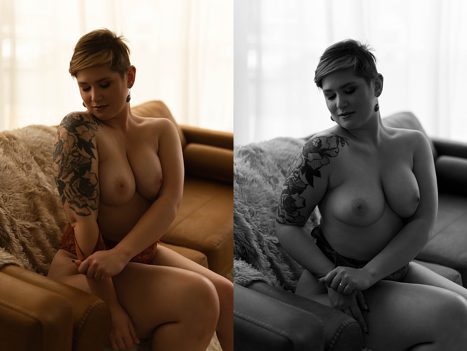 Topless woman on couch in shoot by Richmond boudoir photographer