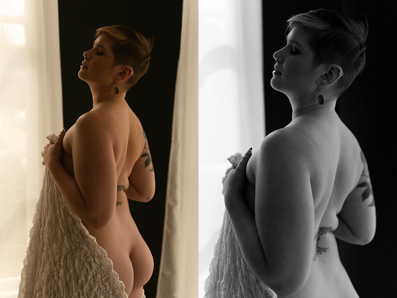 nude lady covering herself with a sheet by Richmond boudoir photographer