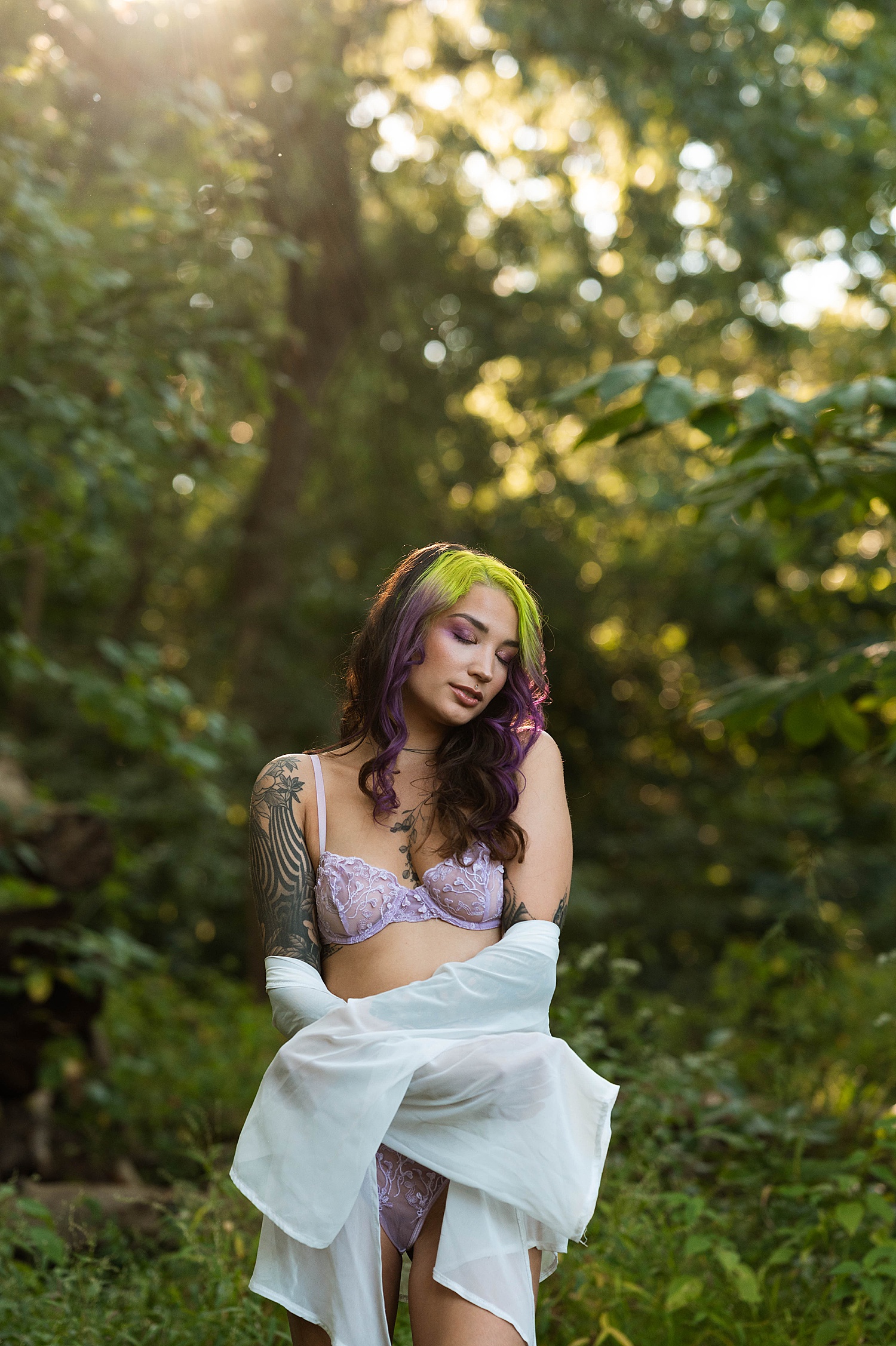 Woman with purple hair in woods for Fairy Vibes Shoot