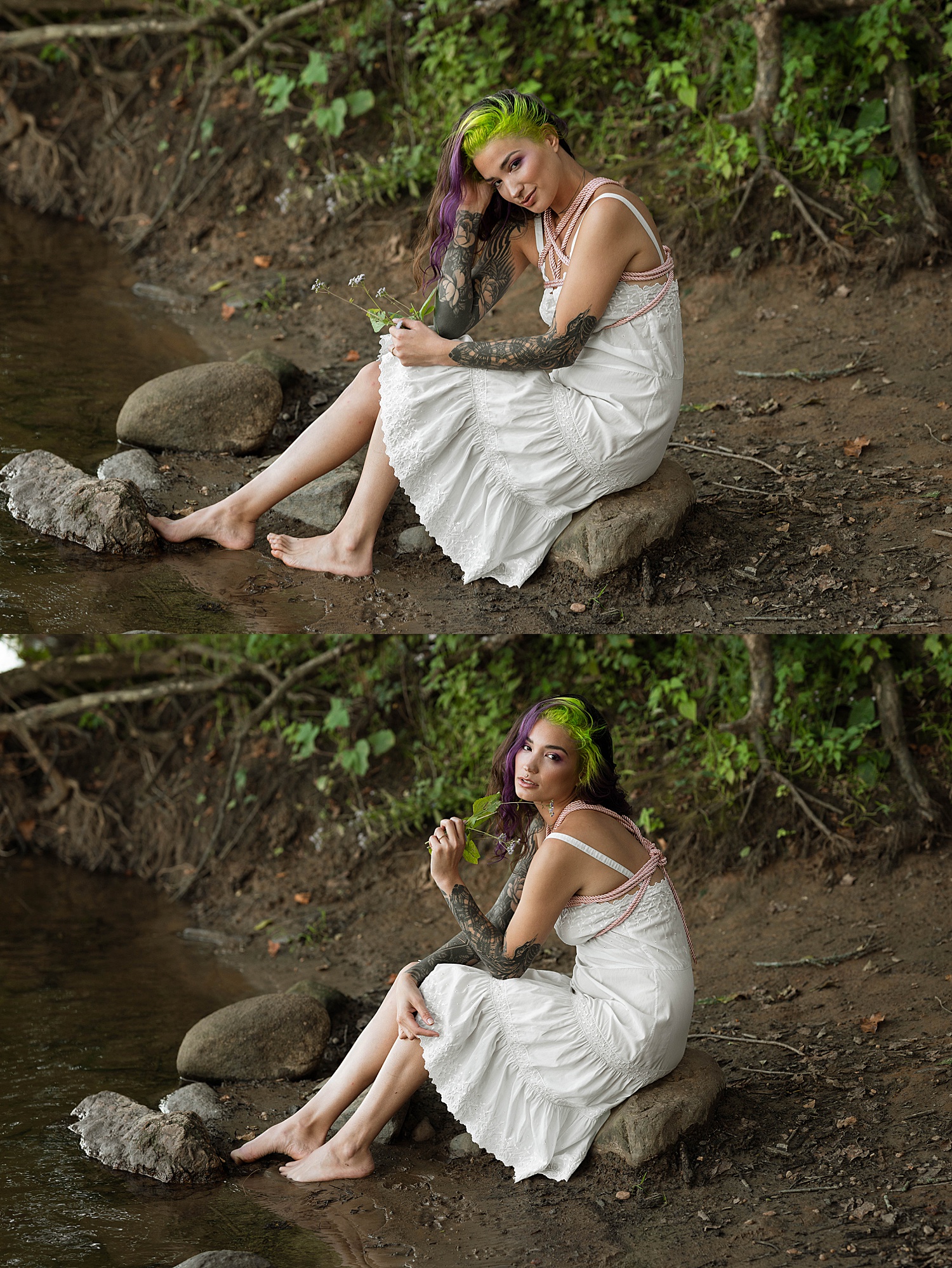 woman with colorful hair sitting by lake for Fairy Vibes Shoot