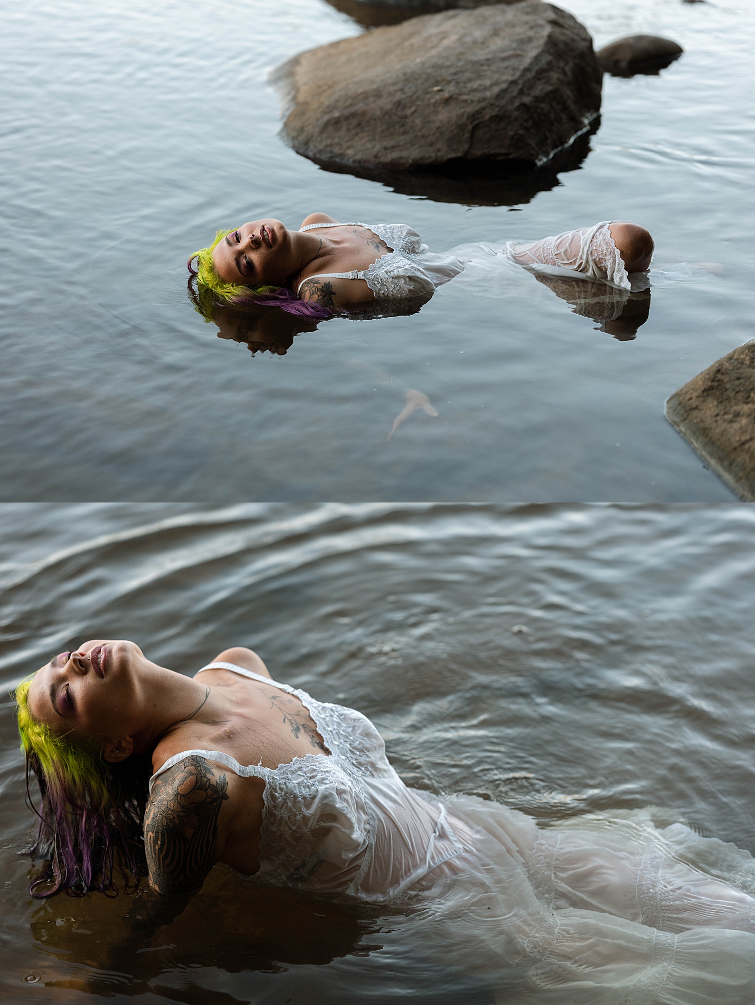 woman in white nightgown lying in the water for Fairy Vibes Shoot