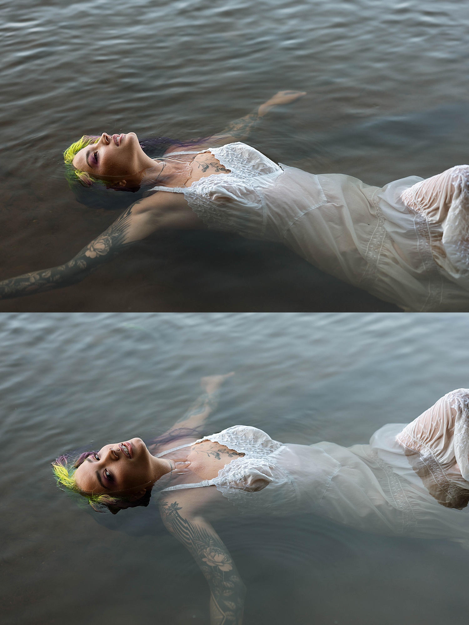 woman lying in the water in white gown by Tease by Hannah Louise 