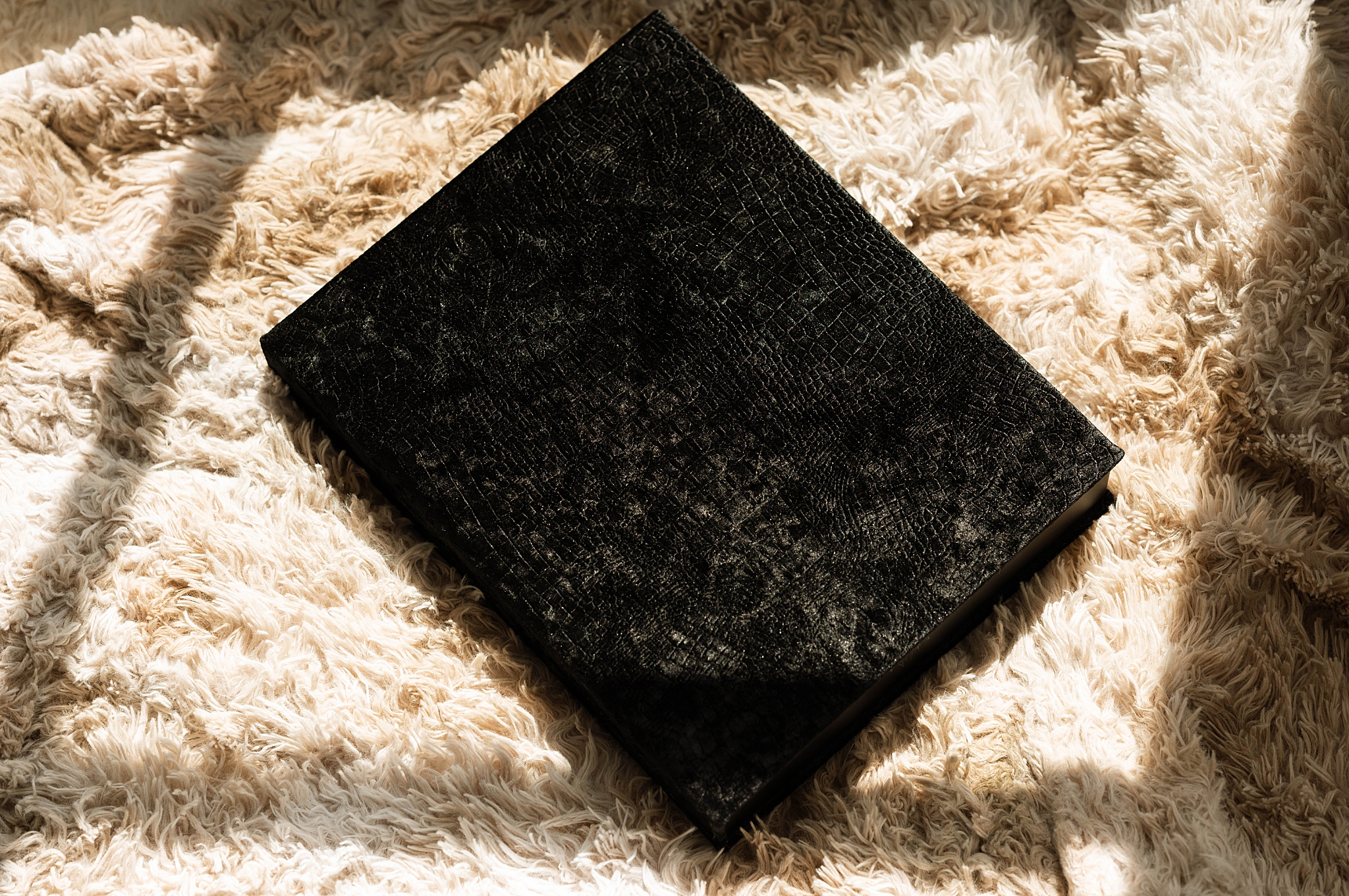 black album on shaggy rug by Richmond boudoir photographer