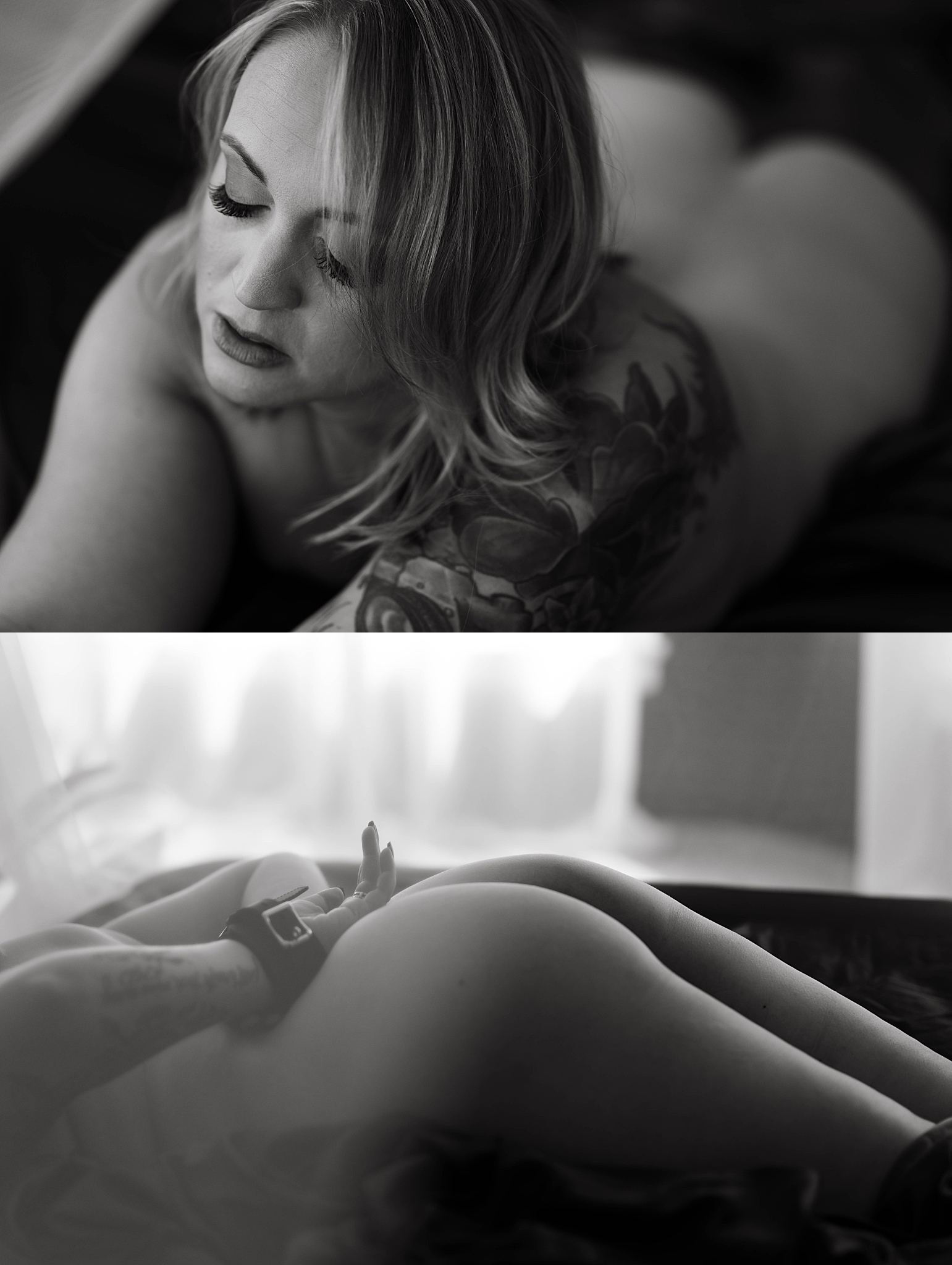 black cuffs restrain wrists behind back as person lays on stomach by Virginia Boudoir Photographer