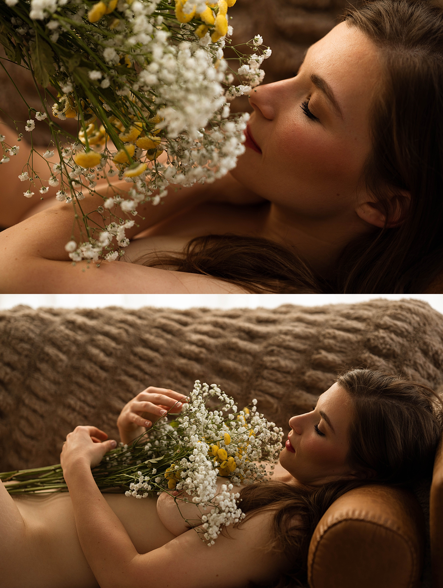 lady smells flowers by Virginia boudoir photographer