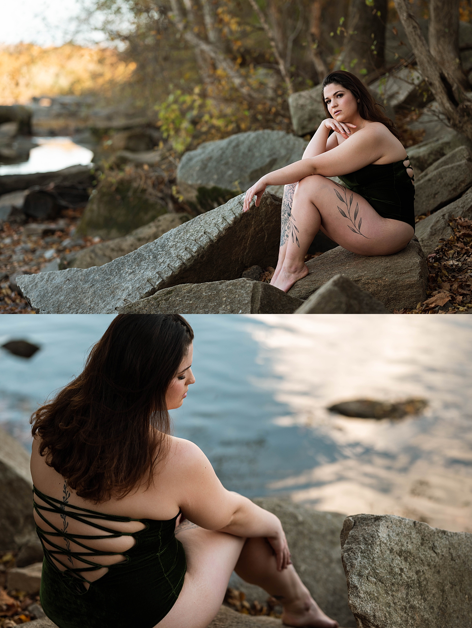 woman sits on rocks along shore for icy river session