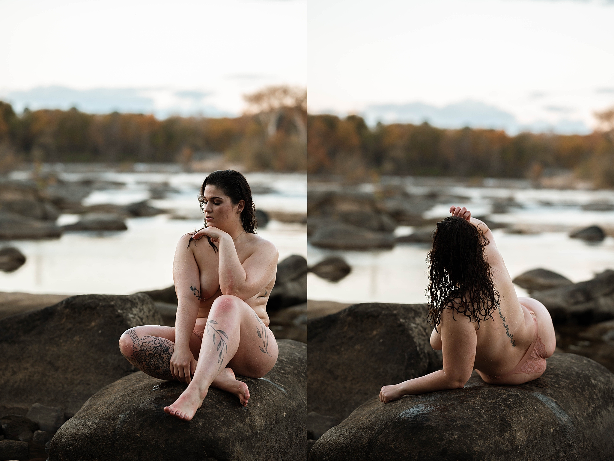 lounging atop rocks during icy river session