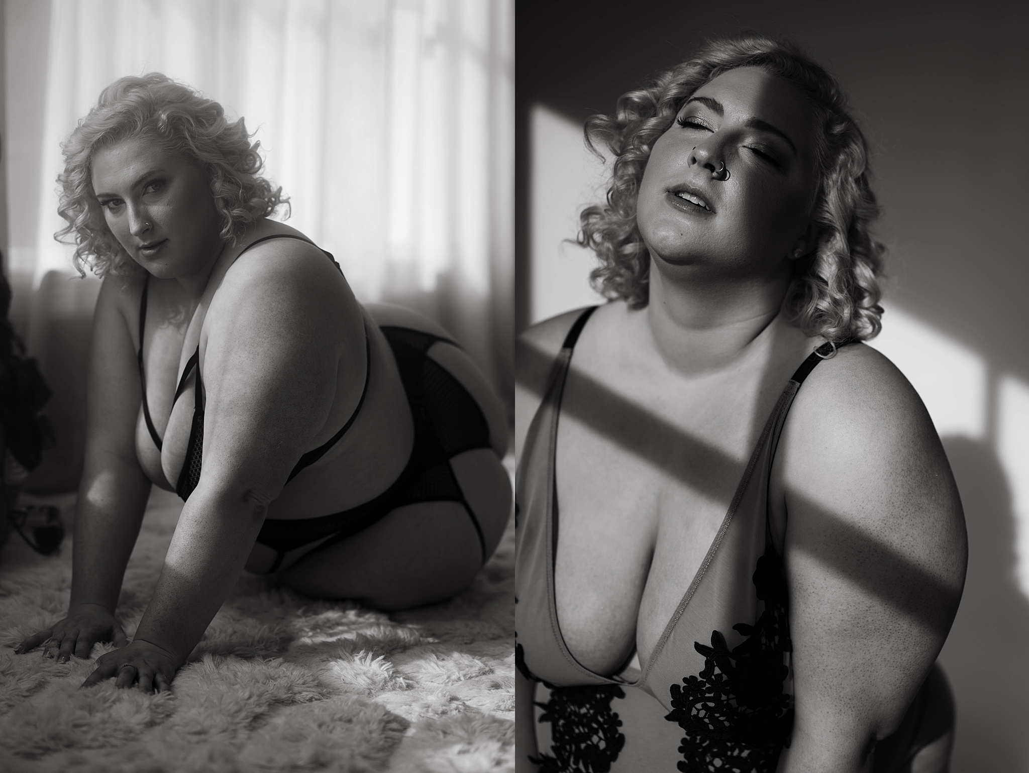 curly-haired beauty leans on floor in bodysuit for empowering birthday session