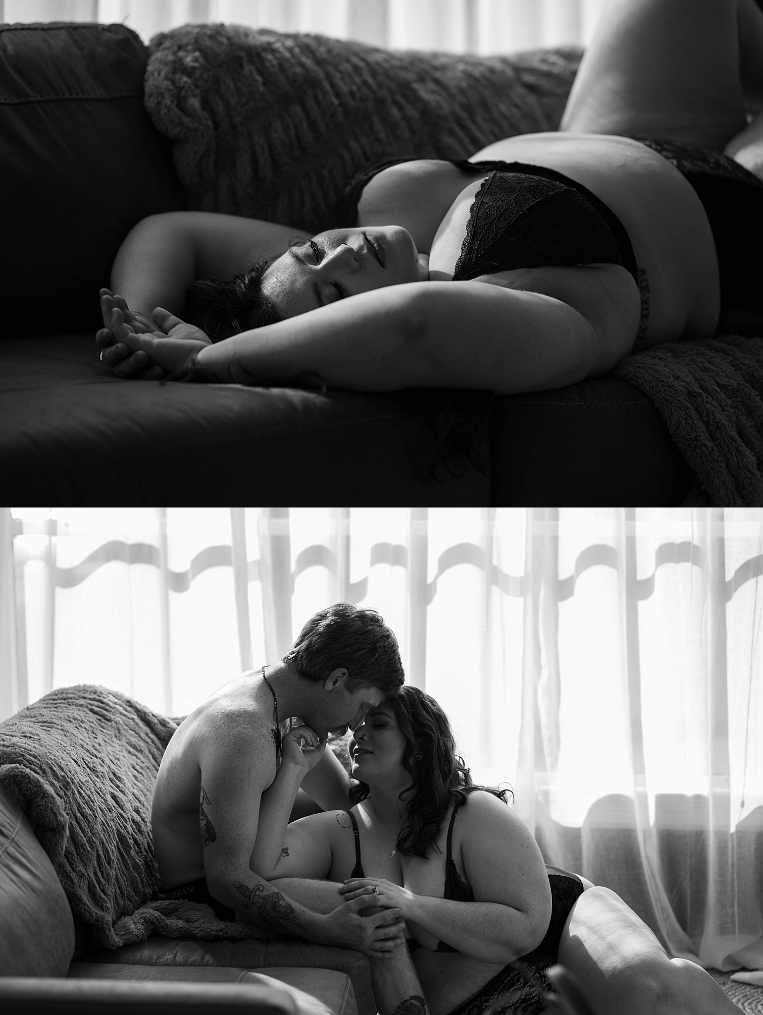 Couple leans together touching foreheads on couch for Tease by Hannah Louise